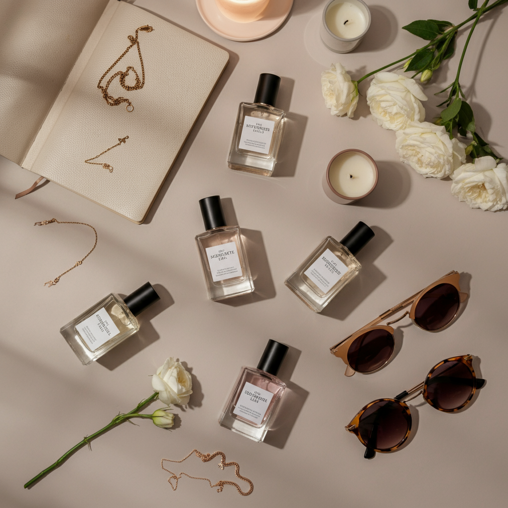 5 Perfumes for Every Occasion picture of perfumes and sun glasses on display