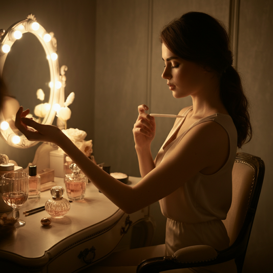 5 Tips for Making Your Perfume Last All Day - Image of woman adding perfume at night