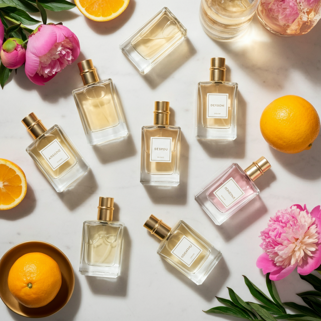 Affordable Luxury Best Women’s Fragrances layout next to fruit and flowers