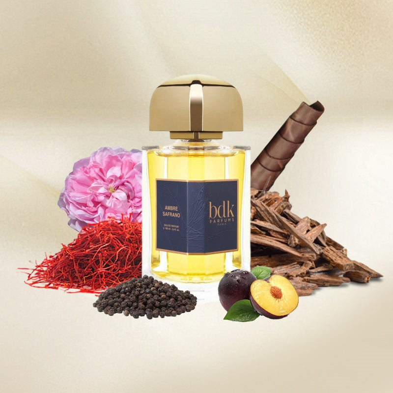 Box and Bottle Image of Ambre Safrano 100 ml Eau de Parfum by BDK Parfums – golden-hued bottle and minimalist white box reflecting modern luxury and Parisian craftsmanship.