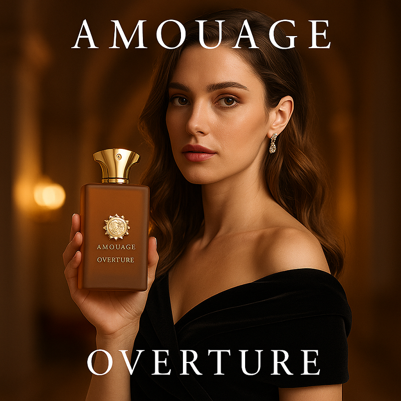 Woman holding an Amouage Overture perfume bottle against a warm background