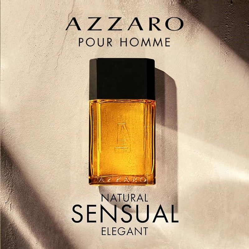 Azzaro Pour Homme perfume bottle on a textured beige background