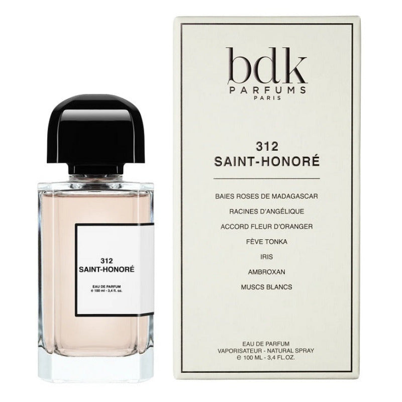 Box and Bottle Image, 312 Saint-Honoré 100 ml Eau de Parfum by BDK Parfums – refined gold-accented bottle and minimalist white box reflecting craftsmanship, prestige, and modern elegance.