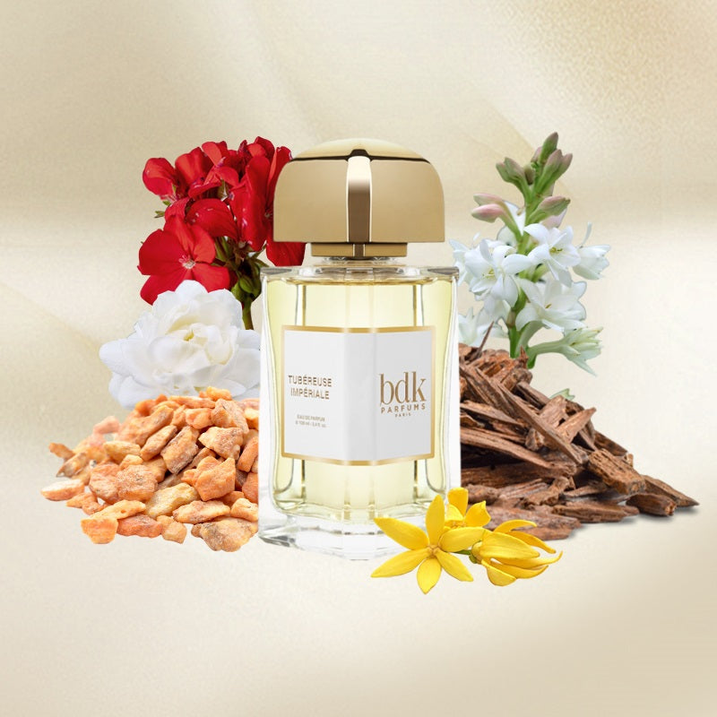Lifestyle Image, Tubéreuse Impériale 100 ml Eau de Parfum by BDK Parfums – displayed in a luminous, floral-inspired setting evoking sensuality, radiance, and timeless sophistication.