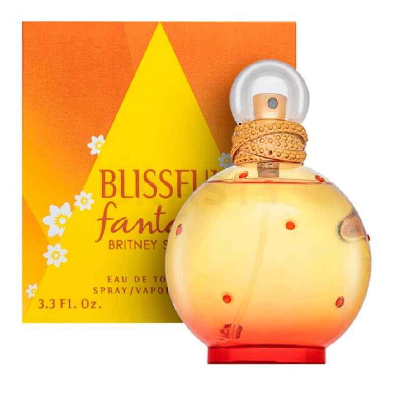 Perfume bottle with orange and yellow design and packaging featuring 'Blissful Fantasy' by Britney Spears.