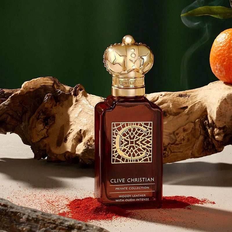 Lifestyle Image: C Woody Leather 50 ml Parfum by Clive Christian – captured in a rich, moody setting evoking authority, luxury, and timeless masculine elegance