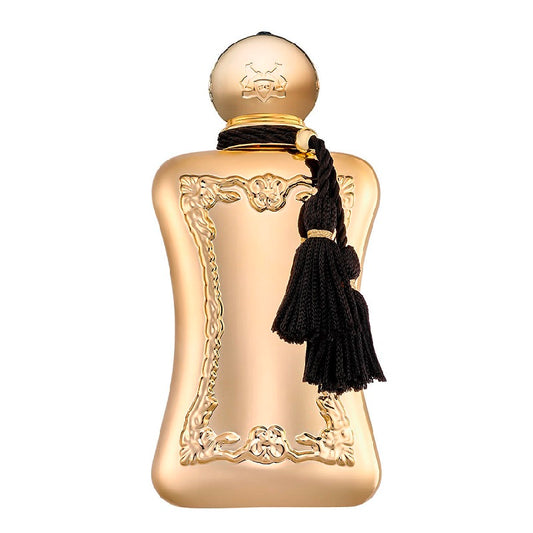 Gold perfume bottle with black tassel on a white background