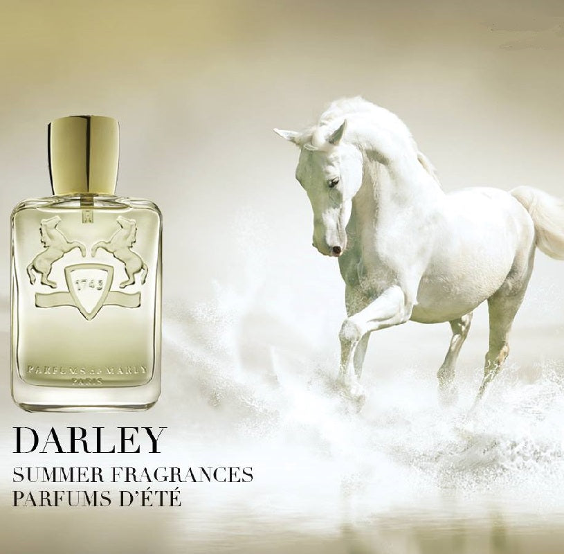 Lifestyle Image: Darley 125 ml Eau de Parfum by Parfums de Marly – styled in a luxurious, masculine setting evoking confidence, clarity, and timeless elegance.