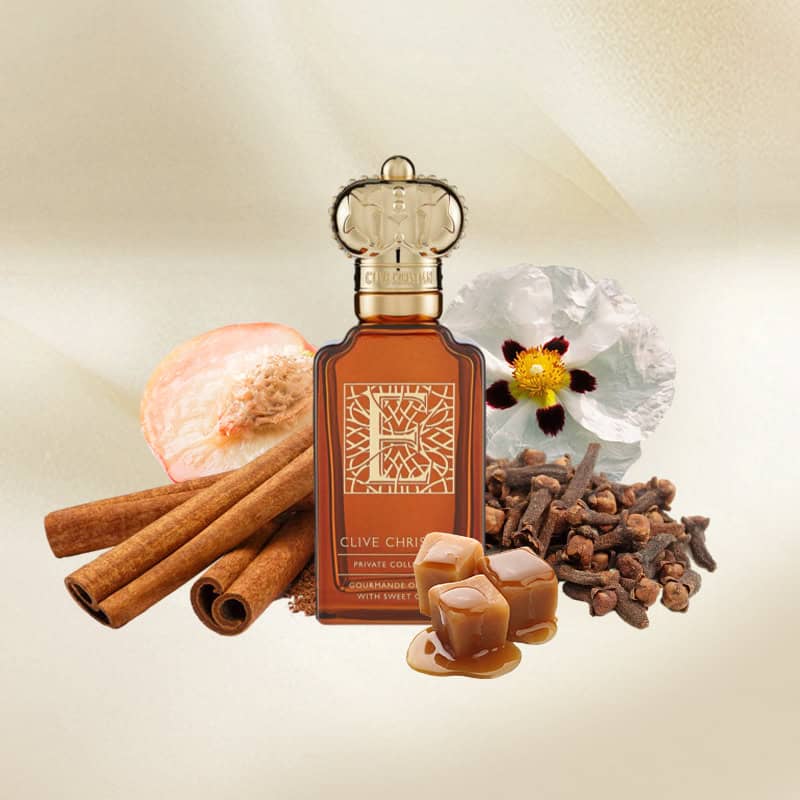 Lifestyle Image: E Gourmand Oriental with Sweet Clove 50 ml Parfum by Clive Christian – captured in a warm, golden setting evoking indulgence, depth, and timeless sophistication.
