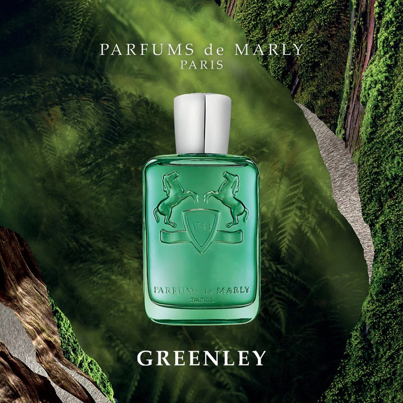 Lifestyle Image: Greenley 125 ml Eau de Parfum by Parfums de Marly – captured in a crisp, nature-inspired setting evoking freshness, sophistication, and effortless style.