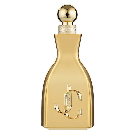 Gold perfume bottle with a prominent logo on a white background