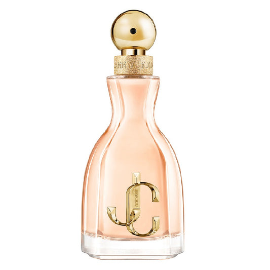 Perfume bottle with gold cap and logo on a white background