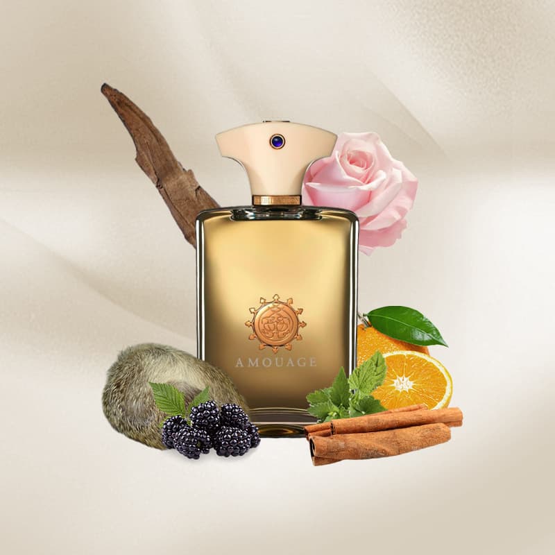 Amouage perfume bottle with natural elements on a beige background