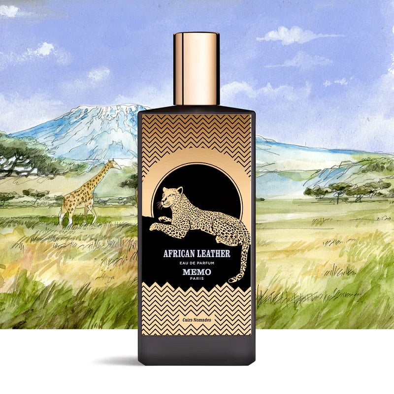 Memo Paris African Leather perfume bottle with a scenic background of a giraffe and mountains.