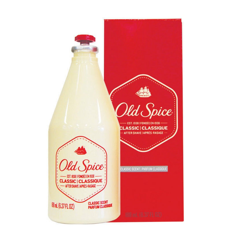 Old Spice aftershave bottle and packaging on a white background
