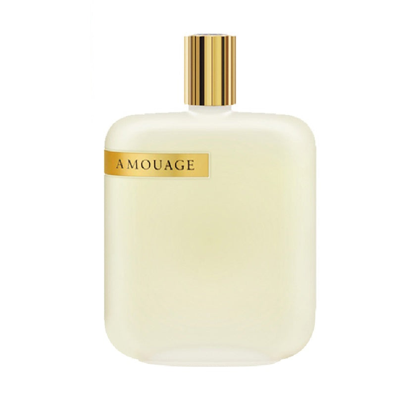Amouage perfume bottle with gold cap on a white background