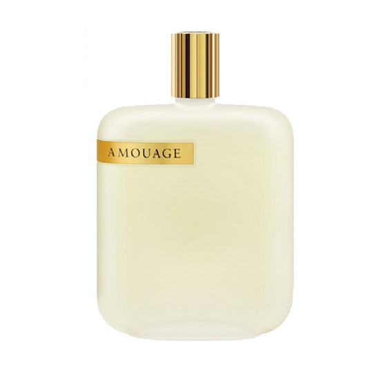 Amouage perfume bottle with gold cap on a white background