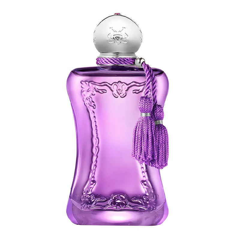 A purple, floral patterned perfume bottle with a decorative tassel and silver cap.
