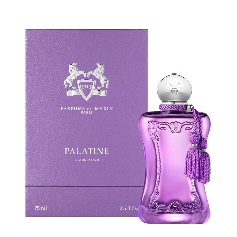 A purple bottle of Palatine Eau De Parfum by Parfums de Marly, with a matching purple box, featuring floral Woody Musk fragrance notes.