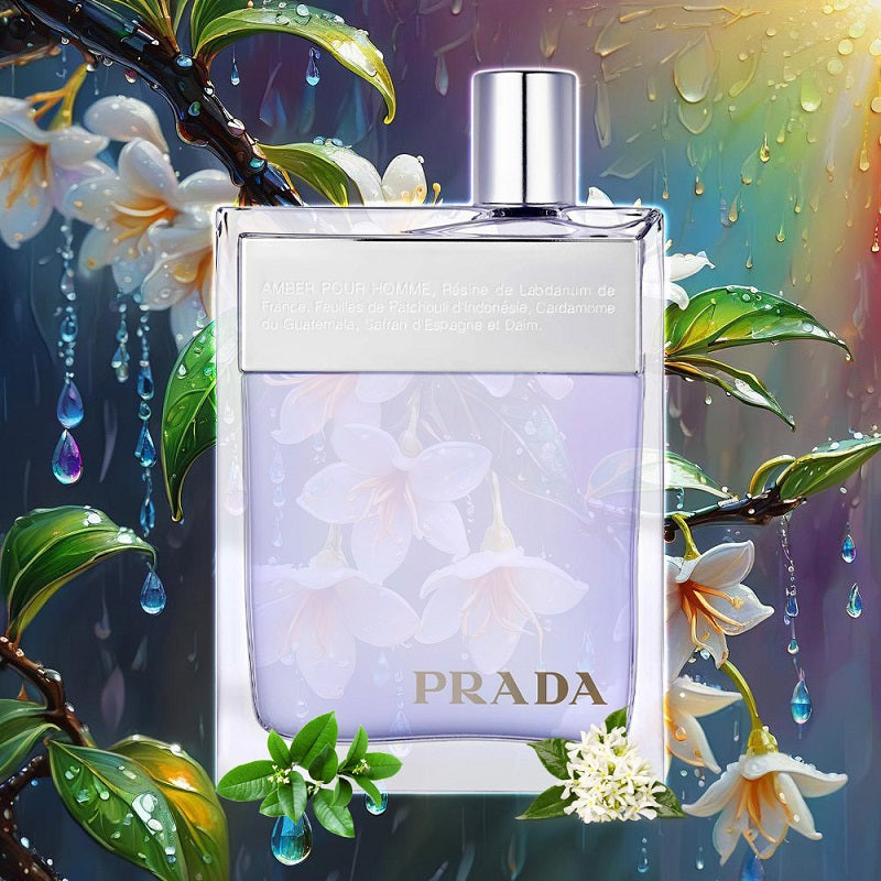 Prada perfume bottle with floral design on a colorful background