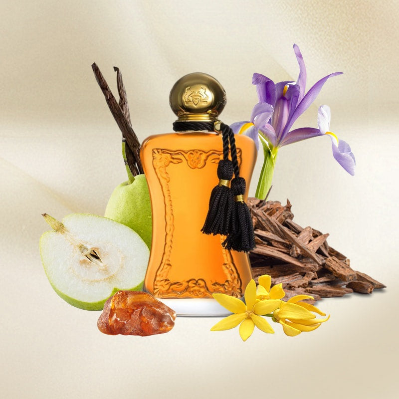 Perfume bottle with floral and fruit elements on a neutral background