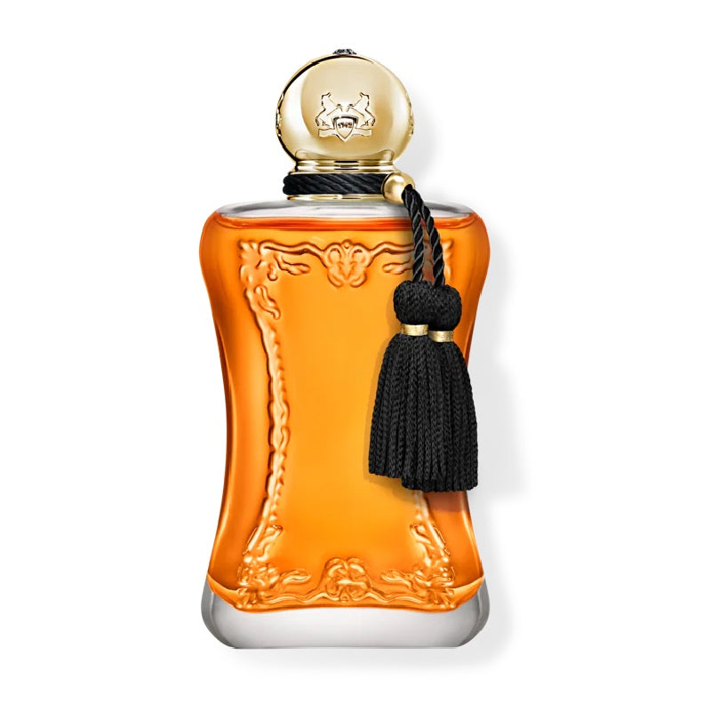 Orange perfume bottle with gold cap and black tassel on a white background