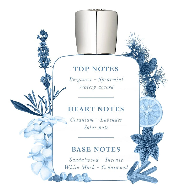 Perfume bottle with botanical design and notes text on a white background