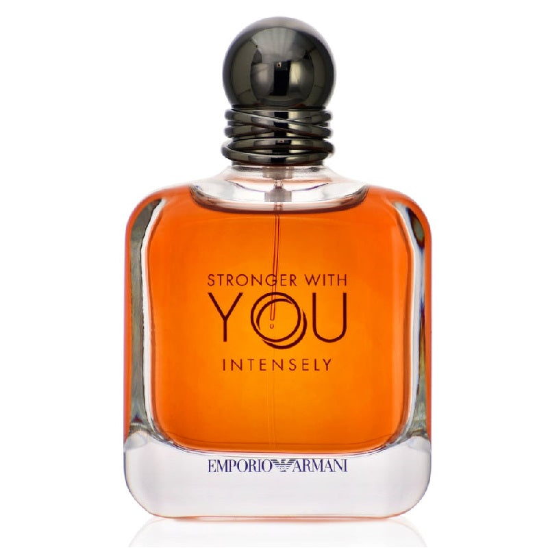 Perfume bottle with 'Stronger with You Intensely' text and Emporio Armani logo on a white background