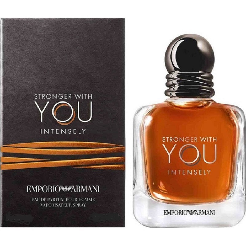 Emporio Armani perfume bottle and packaging with 'Stronger with You Intensely' text.