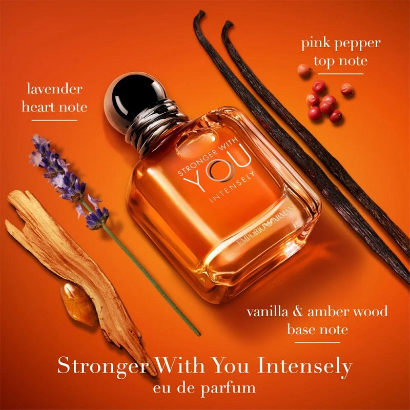 Perfume bottle labeled 'Stronger With You Intensely' with lavender, vanilla pod, and pink pepper on an orange background.