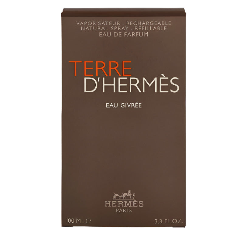 Perfume packaging with brown background and text