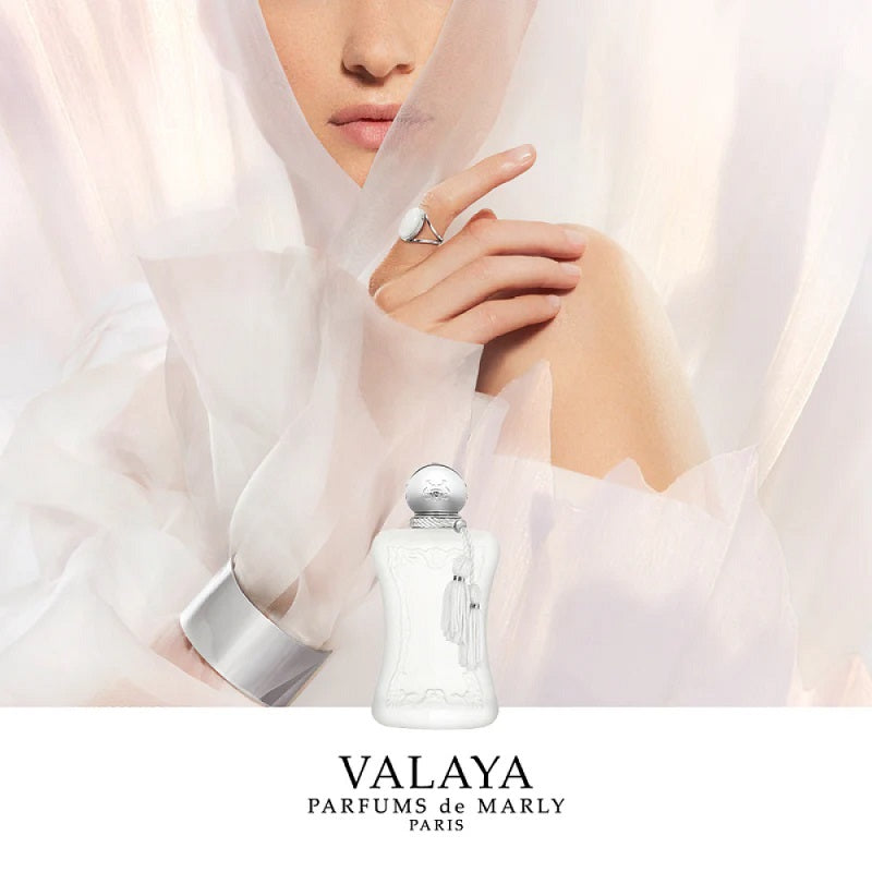 Lifestyle Image: Valaya 75 ml Eau de Parfum by Parfums de Marly – styled in a bright, minimal setting evoking grace, serenity, and understated confidence.