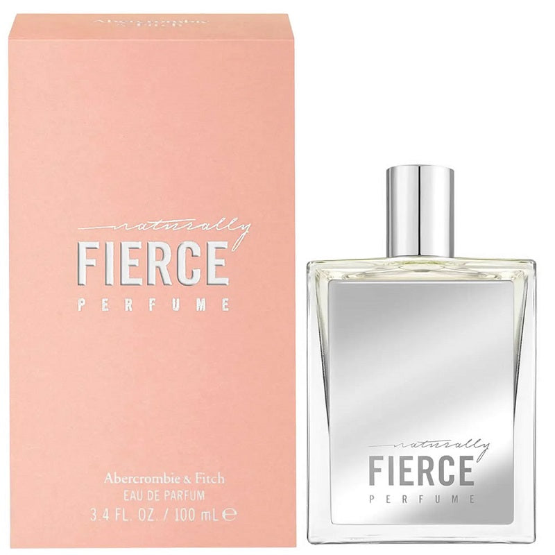 A bottle of 'Naturally Fierce' 100ml Eau De Parfum by Abercrombie & Fitch, with a pink box in the background.