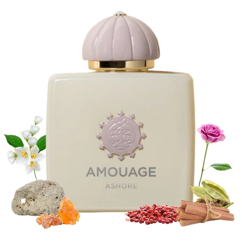 Close-up of Amouage Ashore perfume bottle showing image and Ingredients with a reflective finish.