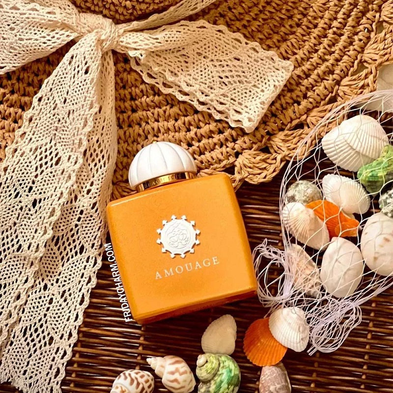 Close-up of Amouage Beach Hut Woman perfume bottle showcasing Perfume Ingredients.