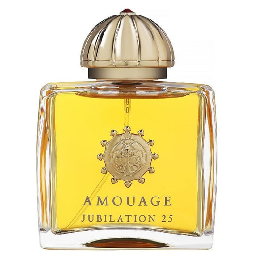 A square-shaped glass bottle of Amouage Jubilation 25 Woman Eau de Parfum with a gold-colored cap and a label featuring a floral design.