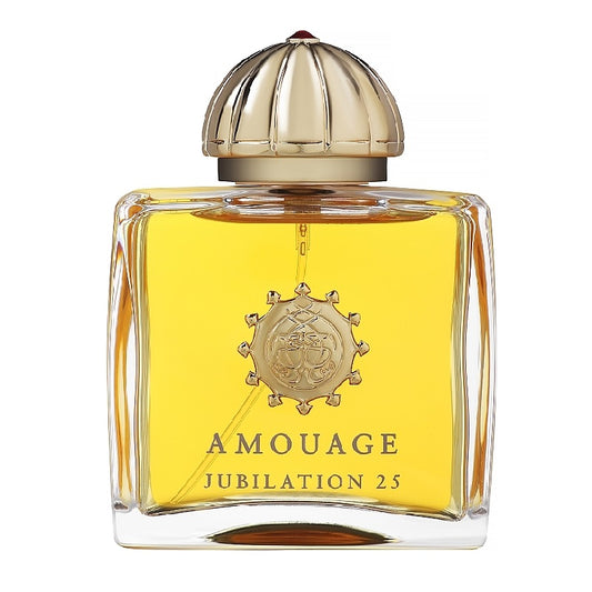 A square-shaped glass bottle of Amouage Jubilation 25 Eau de Parfum for women with a gold-colored cap. The label displays the product name and brand.