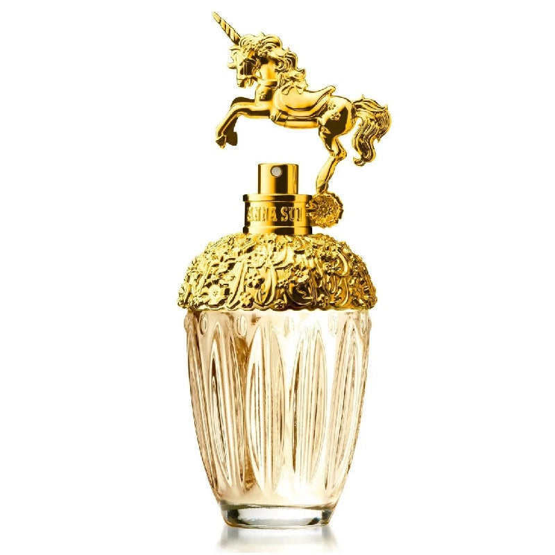 Gold perfume bottle with unicorn design on a white background
