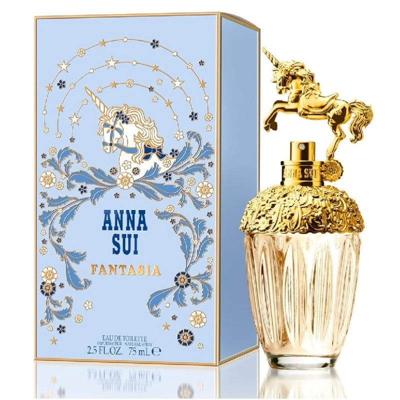 Anna Sui Fantasia perfume bottle and packaging with unicorn design on a light blue background