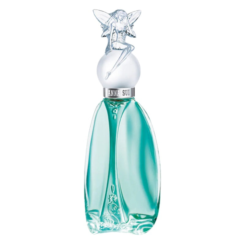 Teal perfume bottle with silver cap on a white background