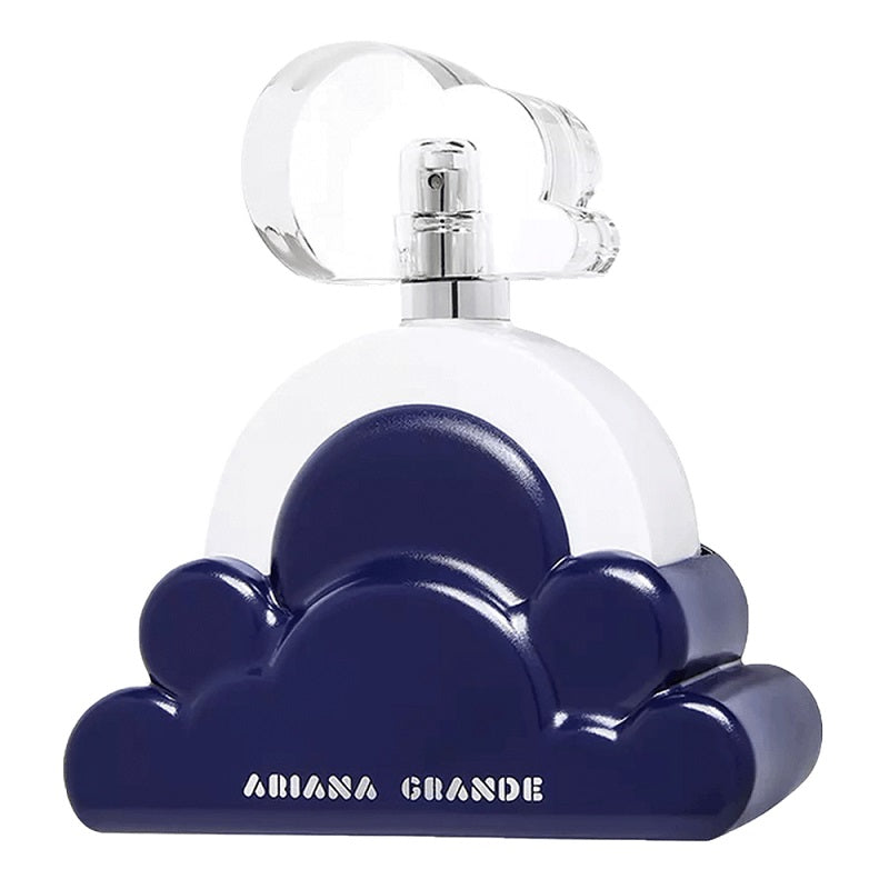 Perfume bottle with cloud design and 'Ariana Grande' branding on a white background