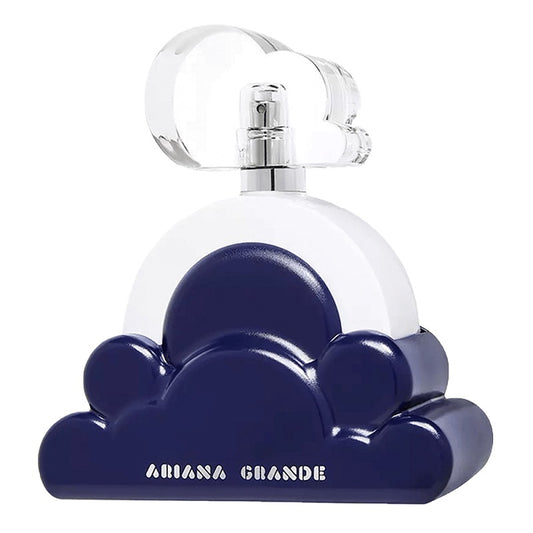 Perfume bottle with cloud design and 'Ariana Grande' branding on a white background
