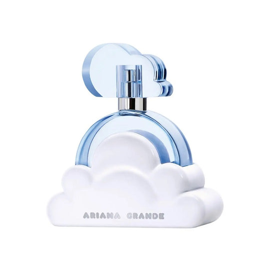 Ariana Grande Cloud Eau de Parfum bottle designed to resemble a cloud with a blue cap and white base.