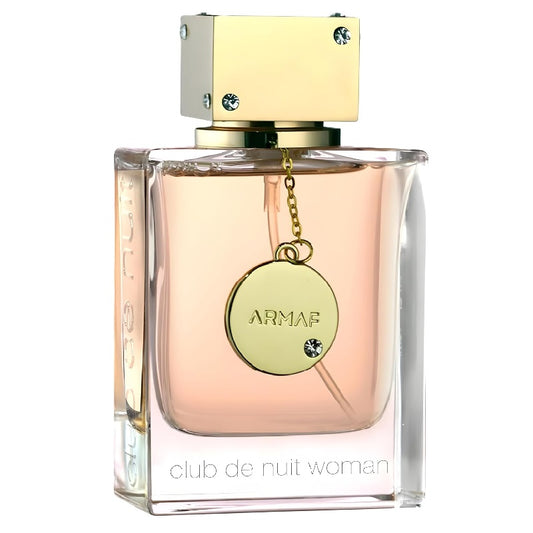 A bottle of Club de Nuit Woman Eau De Parfum by Armaf with a clear, gold-colored cap and a chain detail with the brand name 'ARMAR'.