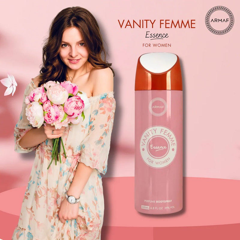 Woman holding flowers next to a 'Vanity Femme' perfume bottle on a pink background