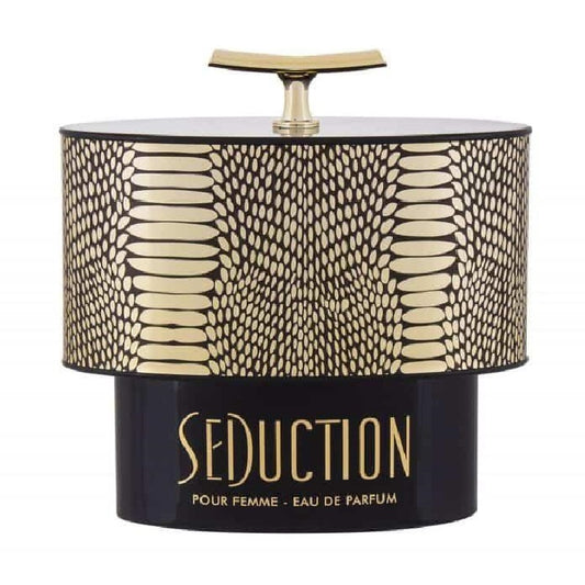 Perfume bottle with gold and black design on a white background