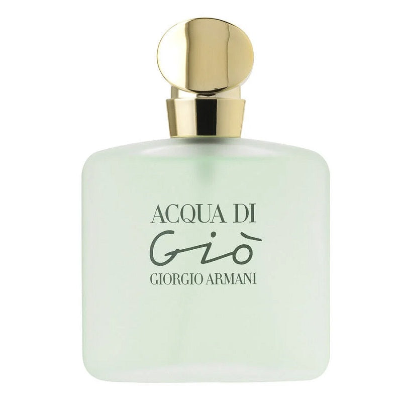 A bottle of Acqua Di Gio Eau de Toilette by Giorgio Armani with a clear greenish liquid visible and the label with the product name and brand.