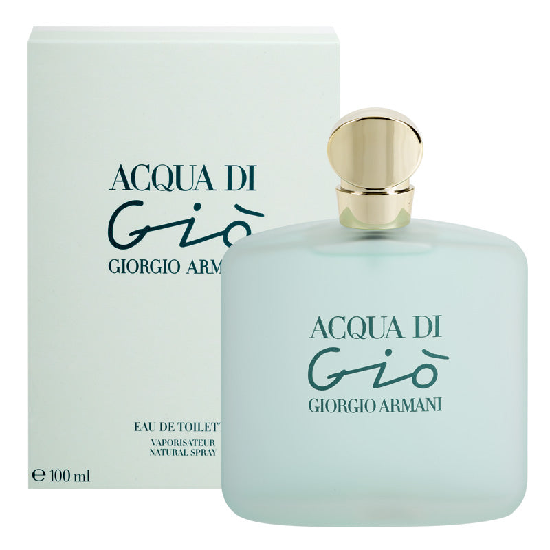 A product image featuring a 100ml bottle of Acqua Di Gio Pour Femme Eau de Toilette by Giorgio Armani, with a gold-colored cap, placed next to its packaging box.
