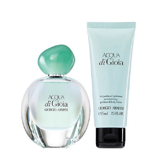 Acqua di Gioia perfume bottle and lotion set on a white background