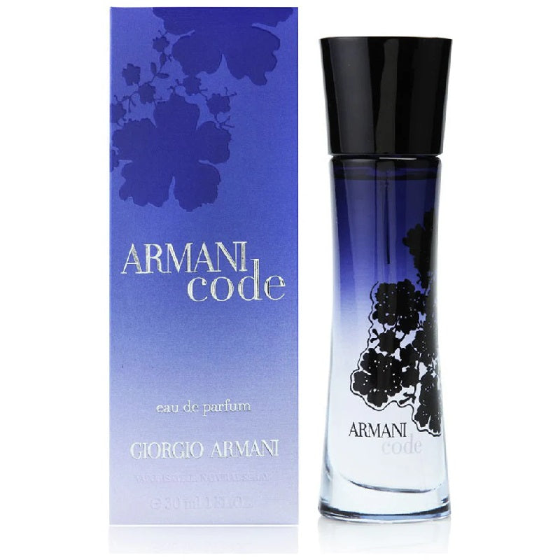 Armani Code perfume bottle and packaging with floral design on a white background